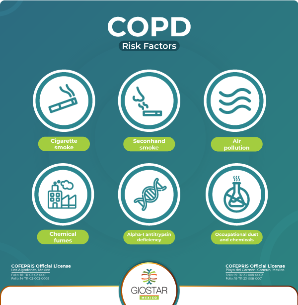 Icons depicting COPD risk factors and text indicating to which cause it refers