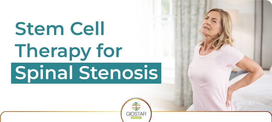 Stem Cell Therapy for Spinal Stenosis Patient experiencing spinal stenosis pain with text referring to stem cell therapy for spinal stenosis