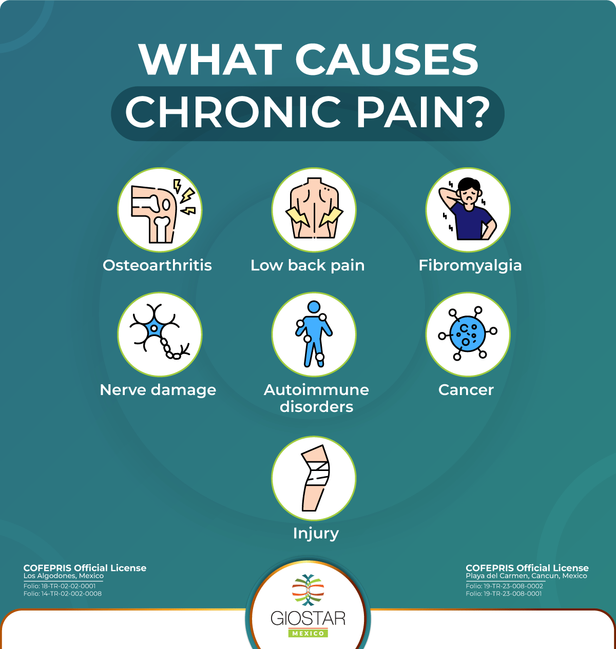 Icons depicting chronic pain causes and text indicating them
