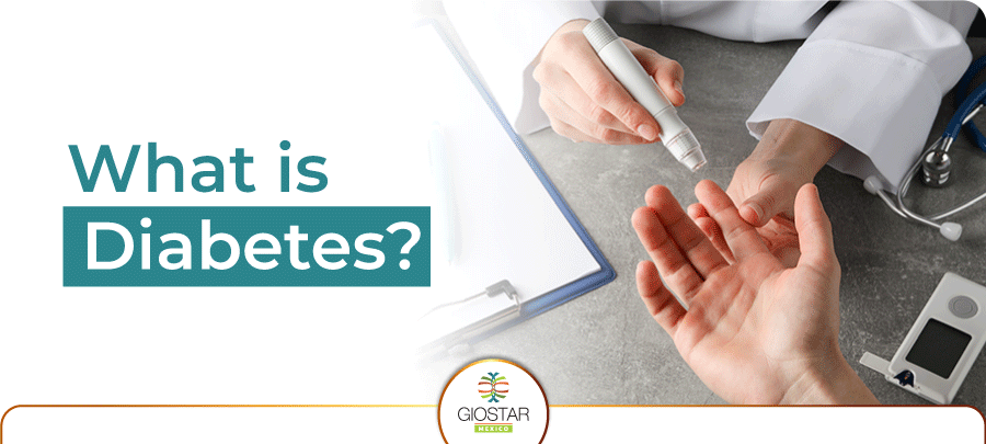 Image showing insulin testing for diabetes patients and text that reads What is Diabetes?